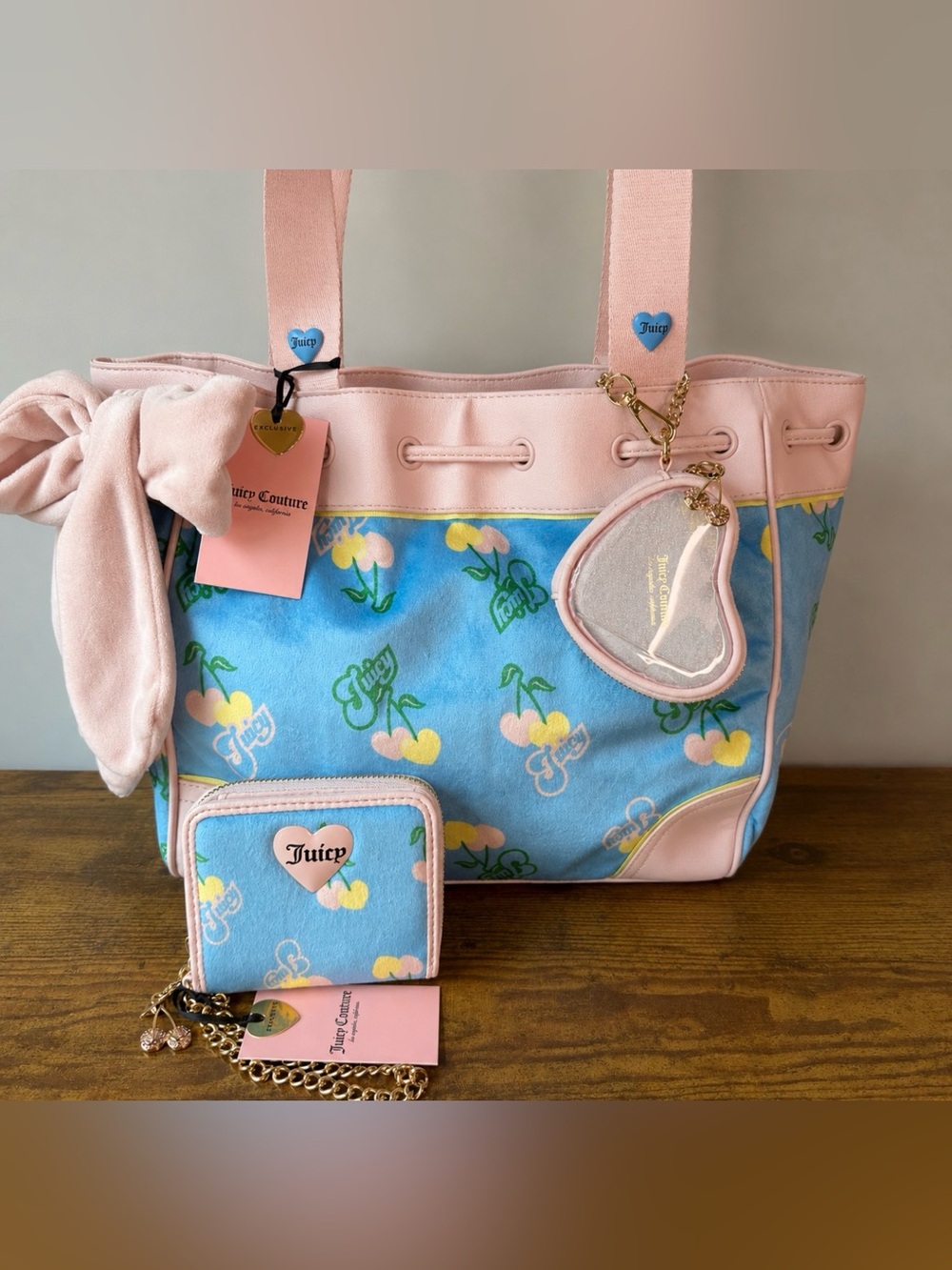 Juicy Couture Pink, Blue & Yellow Cherry Print Tote